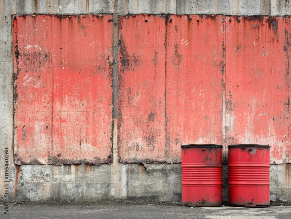 Red Barrels Against Weathered Wall Background Red Barrels Against Weathered Wall Background