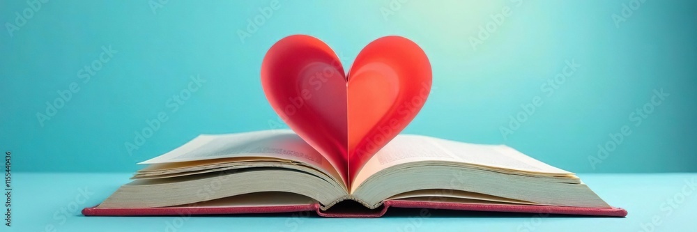 An open book with pages revealing a colorful heart shape against a soft blue background, book, background An open book with pages revealing a colorful heart shape against a soft blue background, book, background