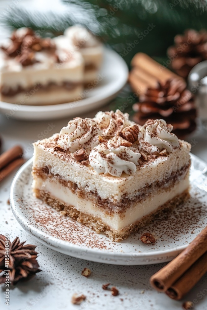 Indulge in the Delight of Soft Cinnamon Roll Bliss Bars with Whipped Cream Topping Surrounded by Cafe-Inspired Decor and Cozy Holiday Accents Indulge in the Delight of Soft Cinnamon Roll Bliss Bars with Whipped Cream Topping Surrounded by Cafe-Inspired Decor and Cozy Holiday Accents