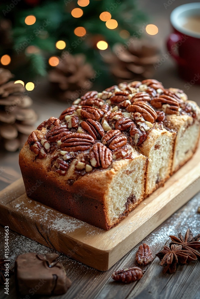 Soft and Sweet Cinnamon Pecan Bread Served in a Cozy Cafe Atmosphere with Holiday Decor and Warm Background Lighting Soft and Sweet Cinnamon Pecan Bread Served in a Cozy Cafe Atmosphere with Holiday Decor and Warm Background Lighting