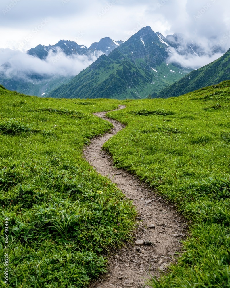 Winding Mountain Trail Lush Green Grass Scenic View Winding Mountain Trail Lush Green Grass Scenic View