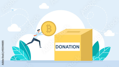 Cryptocurrency donation.Man holding cryptocurrency coins Bitcoin dropping them into a box marked Donation. Blockchain, cryptocurrency, investment, ICO, and fintech themes. Vector illustration 