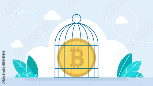 Bitcoin Ban. Arrest bills. Cartoon bitcoin in prison. Accounts are seized. Prohibition of trade in bitcoins. Cryptocurrency regulation, government try to control crypto. Vector illustration