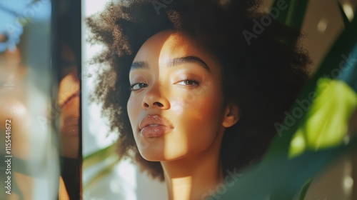 A young woman with curly hair looks confidently at the camera, highlighted by dramatic sunlight and shadow patterns through lush green leaves photo