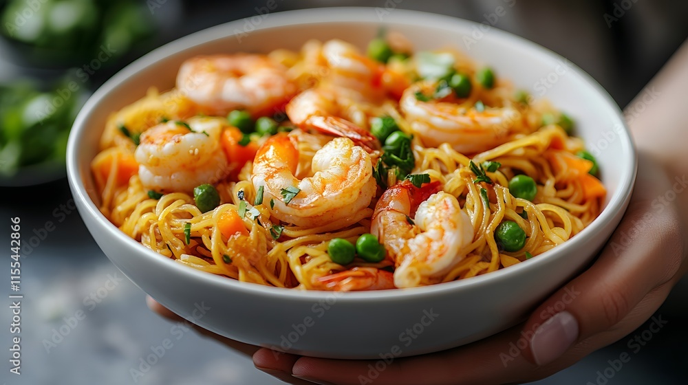 Shrimp fried noodles in white ceramic bowl, hands holding bowl, Asian cuisine, stir-fried yellow noodles, fresh prawns, green peas, diced carrots, appetizing food photography, warm golden tones. Shrimp fried noodles in white ceramic bowl, hands holding bowl, Asian cuisine, stir-fried yellow noodles, fresh prawns, green peas, diced carrots, appetizing food photography, warm golden tones.