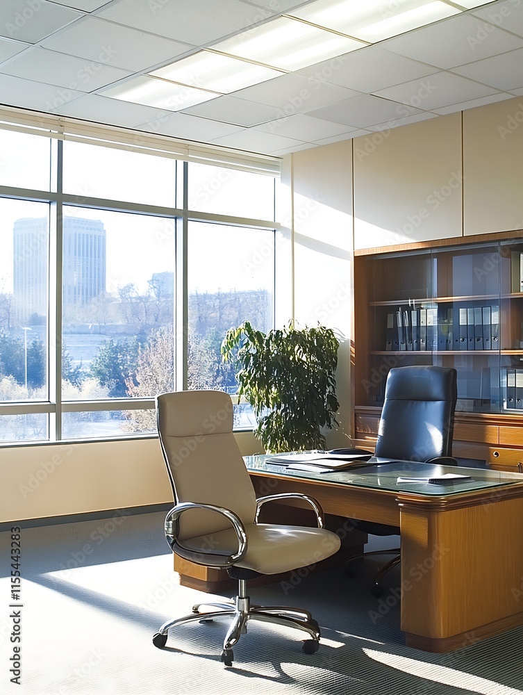 Spacious Executive Office Featuring Classic Furniture and Scenic City View Through Large Windows : Generative AI Spacious Executive Office Featuring Classic Furniture and Scenic City View Through Large Windows : Generative AI