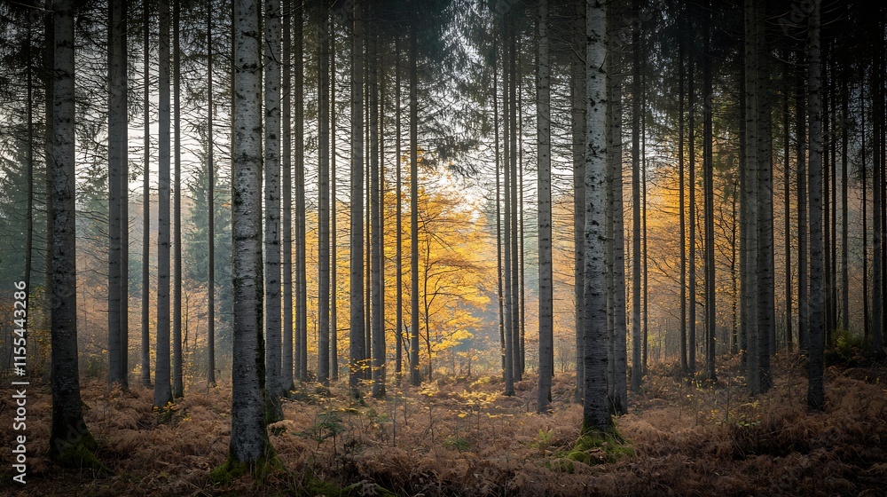 Naklejka premium Autumn Forest with Orange Foliage Illuminated in Dense Woodland With Tall Straight Trees : Generative AI