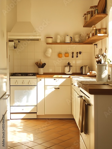 Cozy Vintage Kitchen with Terracotta Floor and Classic White Cabinets : Generative AI