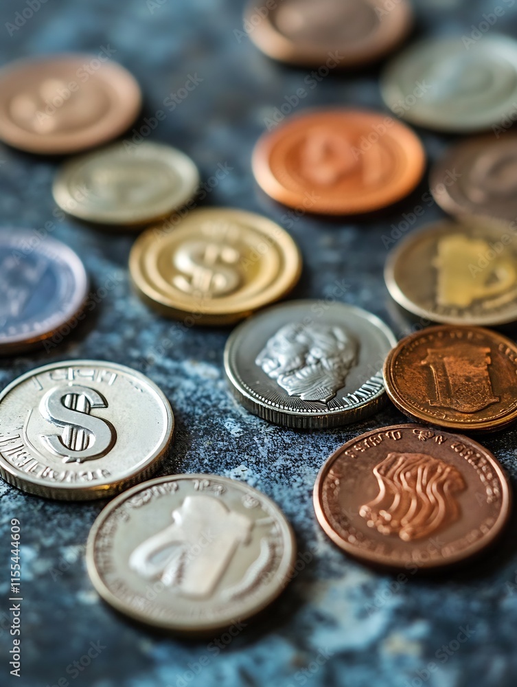 Assorted World Currency Coins on a Textured Surface Representing Global Economy Exchange : Generative AI Assorted World Currency Coins on a Textured Surface Representing Global Economy Exchange : Generative AI