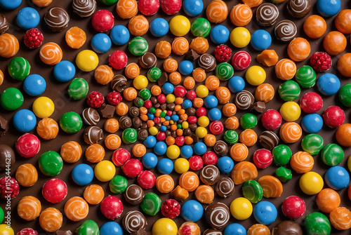 olorful spiral of candies and chocolates forming a hypnotic visual effect photo