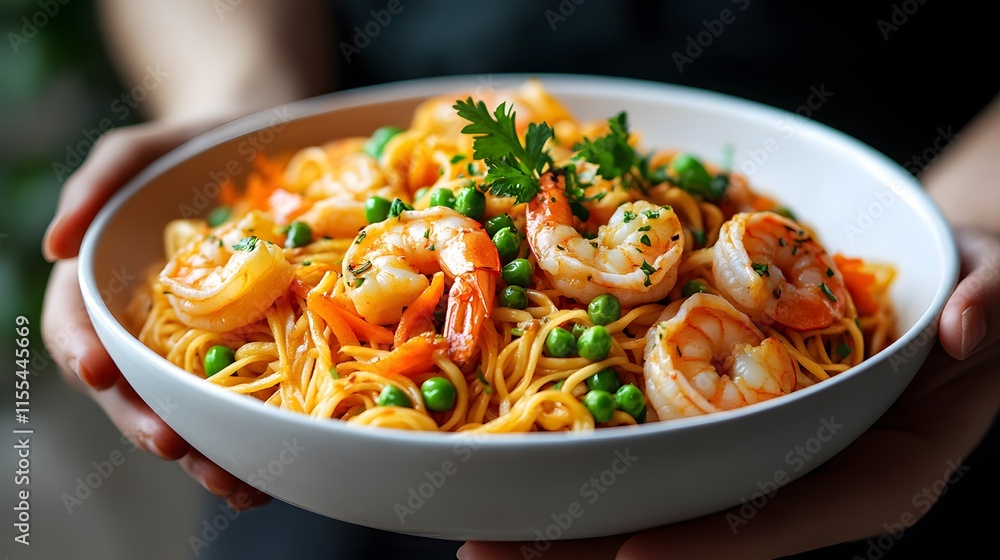 Shrimp fried noodles in white ceramic bowl, hands holding bowl, Asian cuisine, stir-fried yellow noodles, fresh prawns, green peas, diced carrots, appetizing food photography, warm golden tones. Shrimp fried noodles in white ceramic bowl, hands holding bowl, Asian cuisine, stir-fried yellow noodles, fresh prawns, green peas, diced carrots, appetizing food photography, warm golden tones.