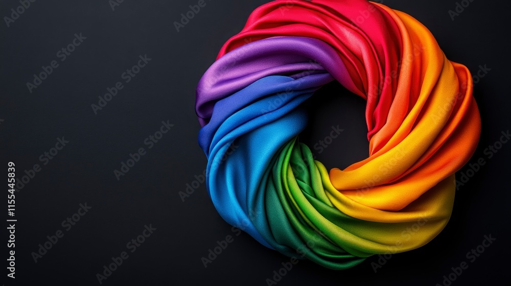 Vibrant Rainbow Silk Fabric Swirl Forming a Circle on Black Background Vibrant Rainbow Silk Fabric Swirl Forming a Circle on Black Background