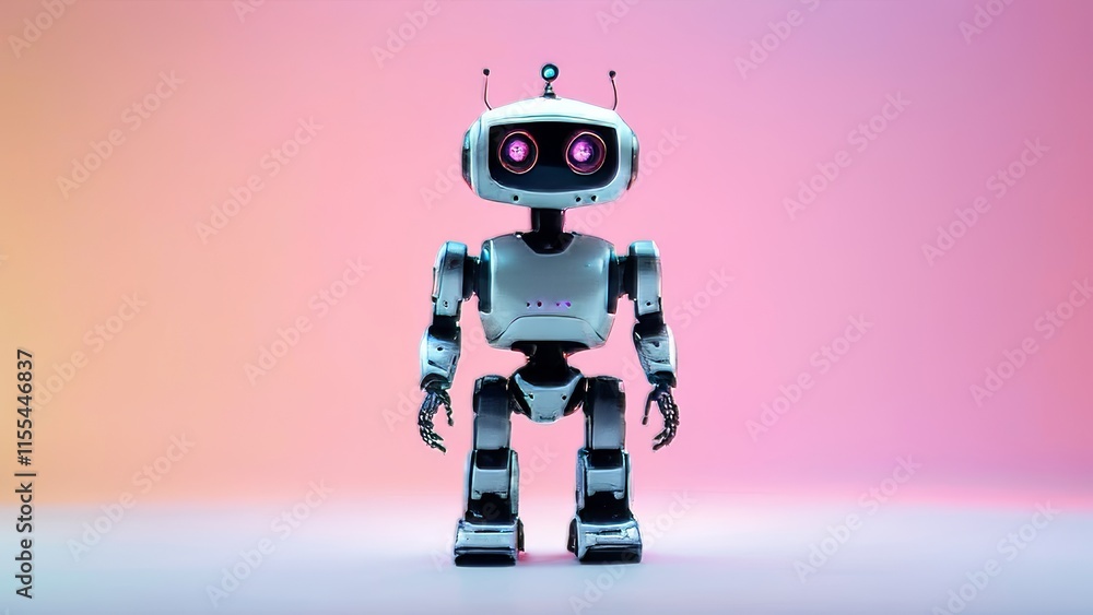 A robot with pink eyes stands in front of a pink background A robot with pink eyes stands in front of a pink background