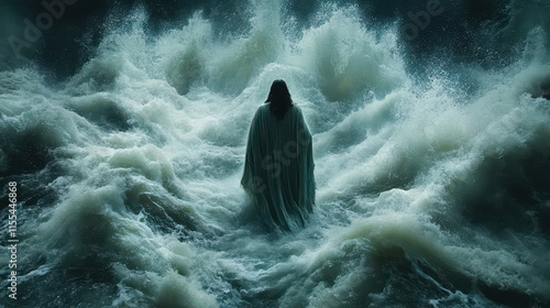 Divine Presence: Jesus Walking Amidst Stormy Seas Symbolizing Faith and Power photo