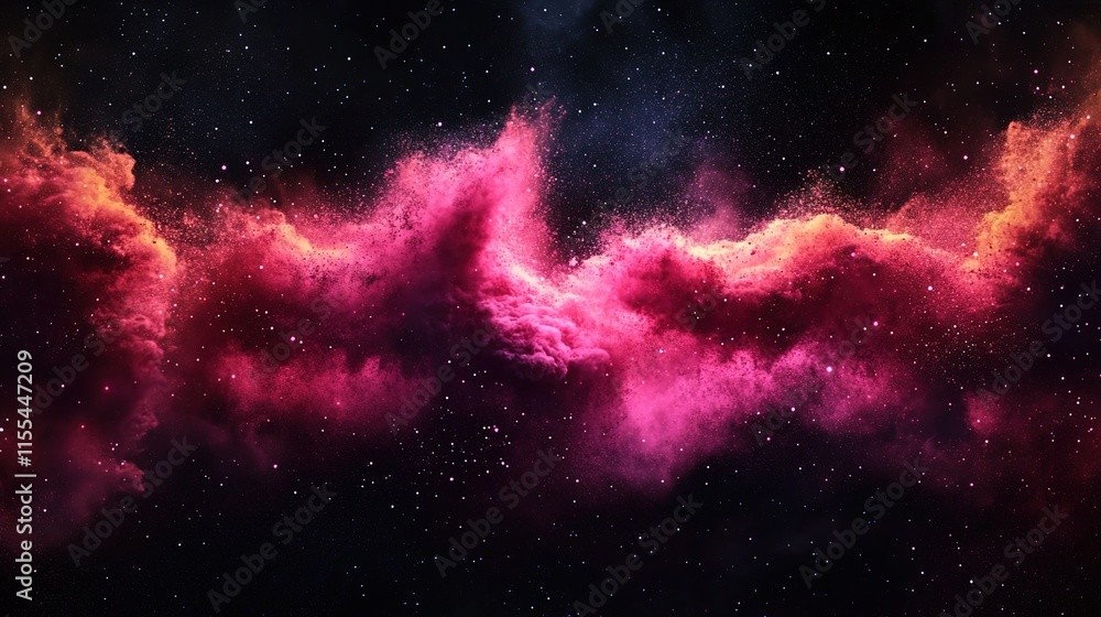 Fototapeta premium A pink and red cloud of powder in space on black background