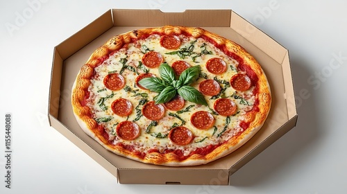  An open pizza box with an octagonal shape contains a full pizza photo