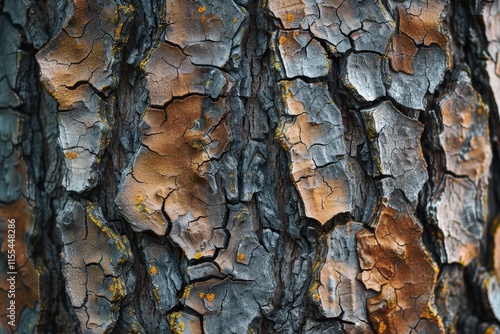 Textured bark showcasing intricate patterns and natural coloration from a mature tree in a forest during daylight photo