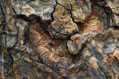 Textured bark showcasing intricate patterns and natural coloration from a mature tree in a forest during daylight photo