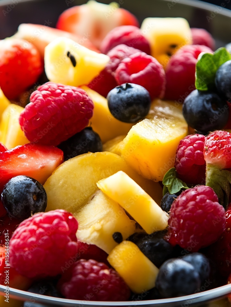 Vibrant Mixed Fresh Fruit Salad with Berries Pineapple Apple and Kiwi for a Healthy Snack or Dessert : Generative AI Vibrant Mixed Fresh Fruit Salad with Berries Pineapple Apple and Kiwi for a Healthy Snack or Dessert : Generative AI