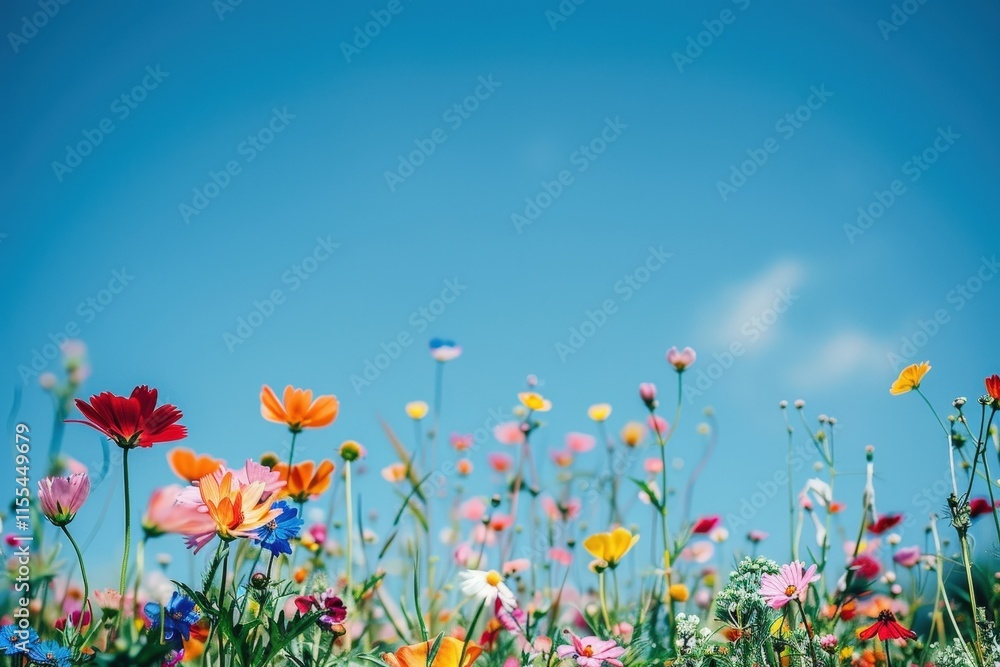 Colorful wildflower field under a clear blue sky in spring, showcasing various blooms swaying gently in the warm sunlight Colorful wildflower field under a clear blue sky in spring, showcasing various blooms swaying gently in the warm sunlight