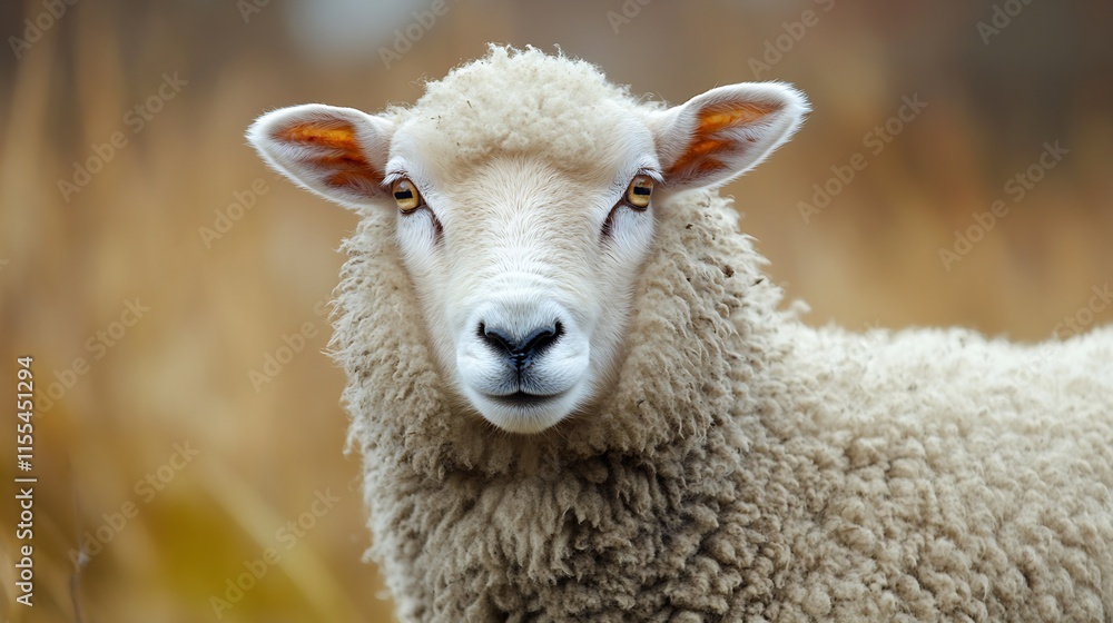 Obraz premium Closeup Portrait of a Curious Sheep in Autumn Meadow with Golden Grass : Generative AI