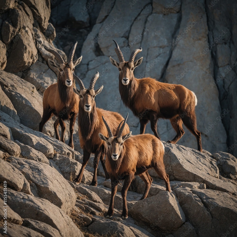 A family of ibexes standing on a narrow ledge. A family of ibexes standing on a narrow ledge.