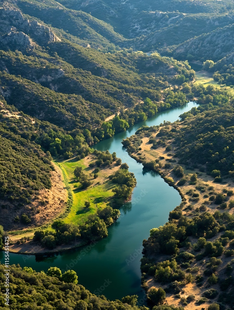 Fototapeta premium Peaceful Aerial View of Winding River Through Green Mountainous Landscape : Generative AI