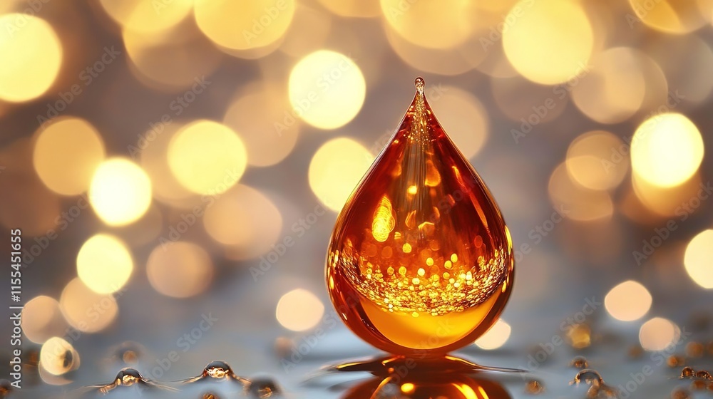 A drop of amber in the shape of an oil droplet, on a silver background with blurred lights A drop of amber in the shape of an oil droplet, on a silver background with blurred lights