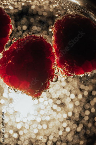 raspberry berry in champagne carbonated drink close-up, top view, free space for text