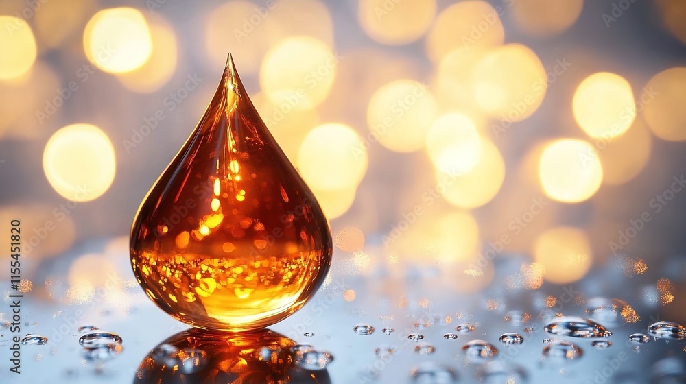 A drop of amber in the shape of an oil droplet, on a silver background with blurred lights A drop of amber in the shape of an oil droplet, on a silver background with blurred lights
