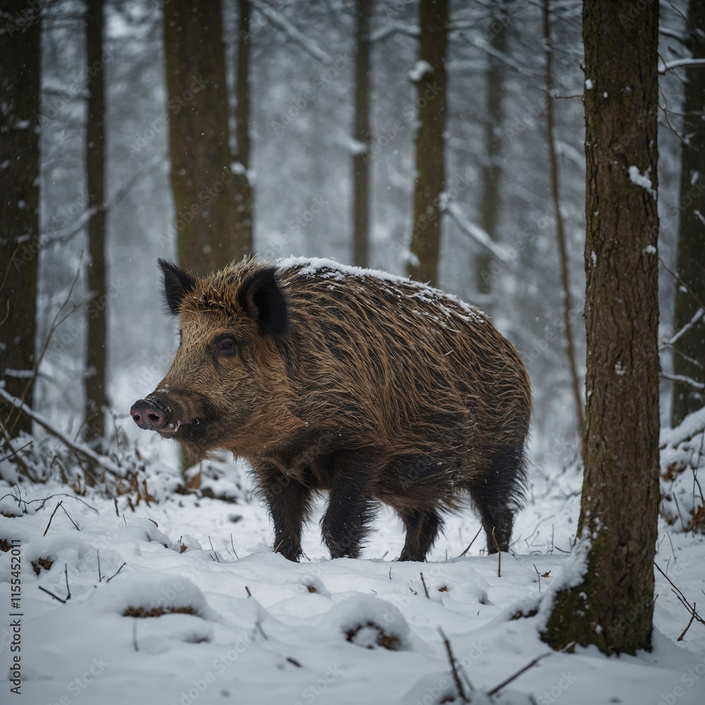 A wild boar foraging in a snowy forest clearing. A wild boar foraging in a snowy forest clearing.