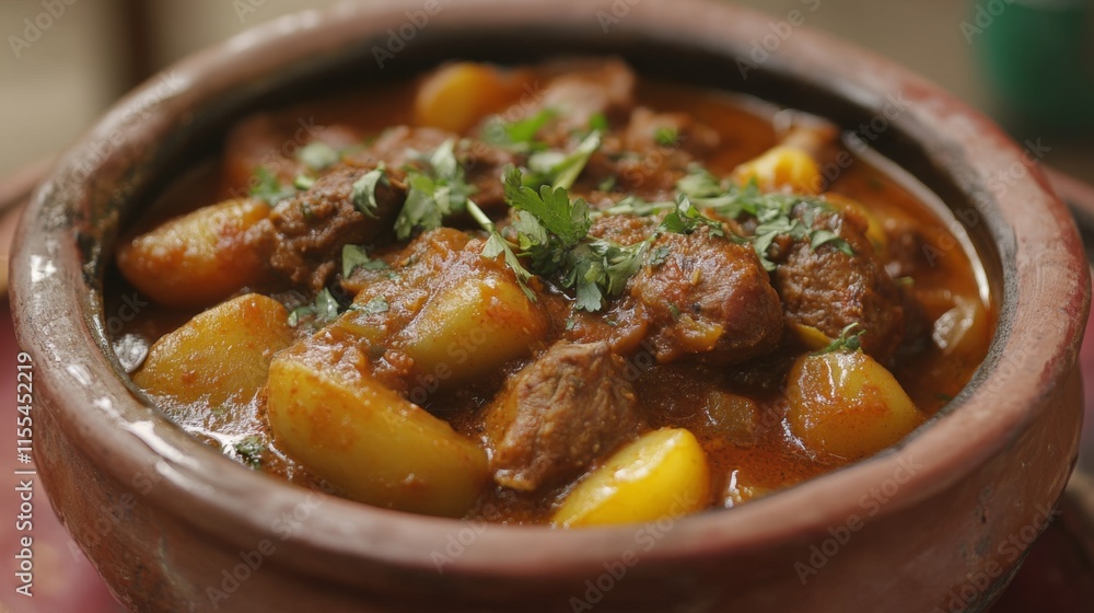 Hearty Potatoes and Meat Curry in a Traditional Clay Pot Hearty Potatoes and Meat Curry in a Traditional Clay Pot