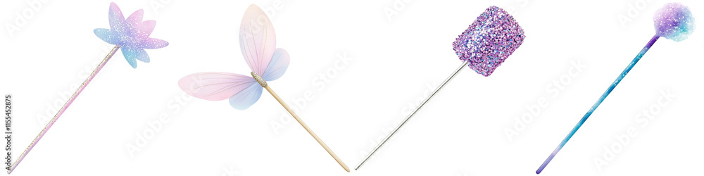 Fairy and myth sparkle, A collection of decorative pins featuring a flower, butterfly, glittery shape, and a round ornament, showcasing vibrant colors and playful designs. Fairy and myth sparkle, A collection of decorative pins featuring a flower, butterfly, glittery shape, and a round ornament, showcasing vibrant colors and playful designs.