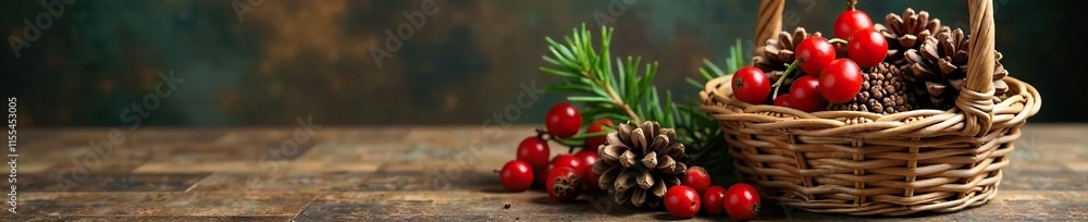 Berries and pinecones in a woven basket on a table, decor, nature, home decor Berries and pinecones in a woven basket on a table, decor, nature, home decor
