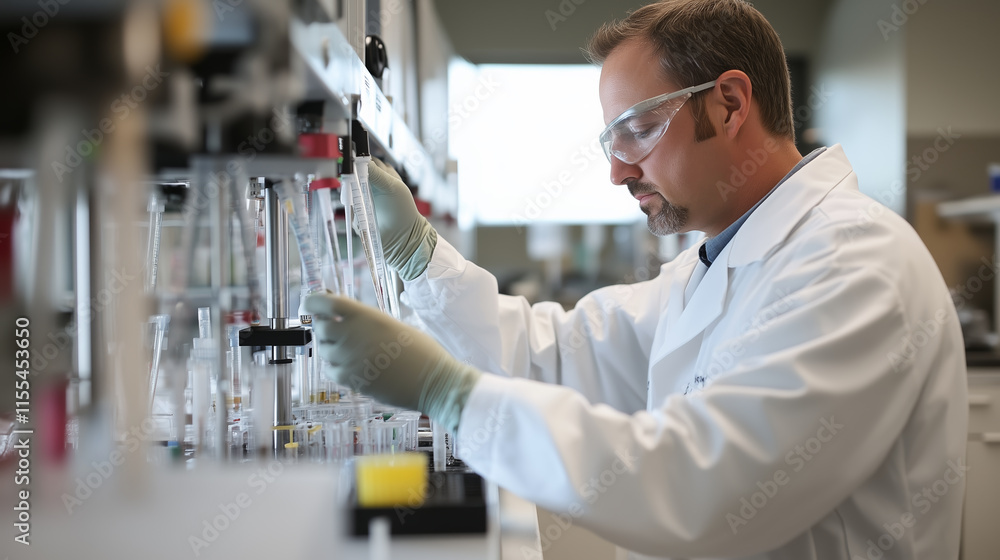 Scientist conducts experiments in laboratory setting focused on chemical analysis and research Scientist conducts experiments in laboratory setting focused on chemical analysis and research