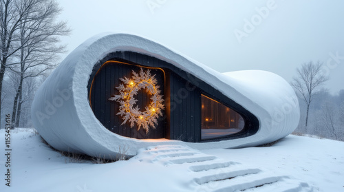 House Decorated for Christmas with a Front Door Adorned with a Wreath, Covered with Snow