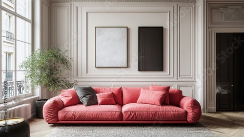 modern living room with a pink sofa