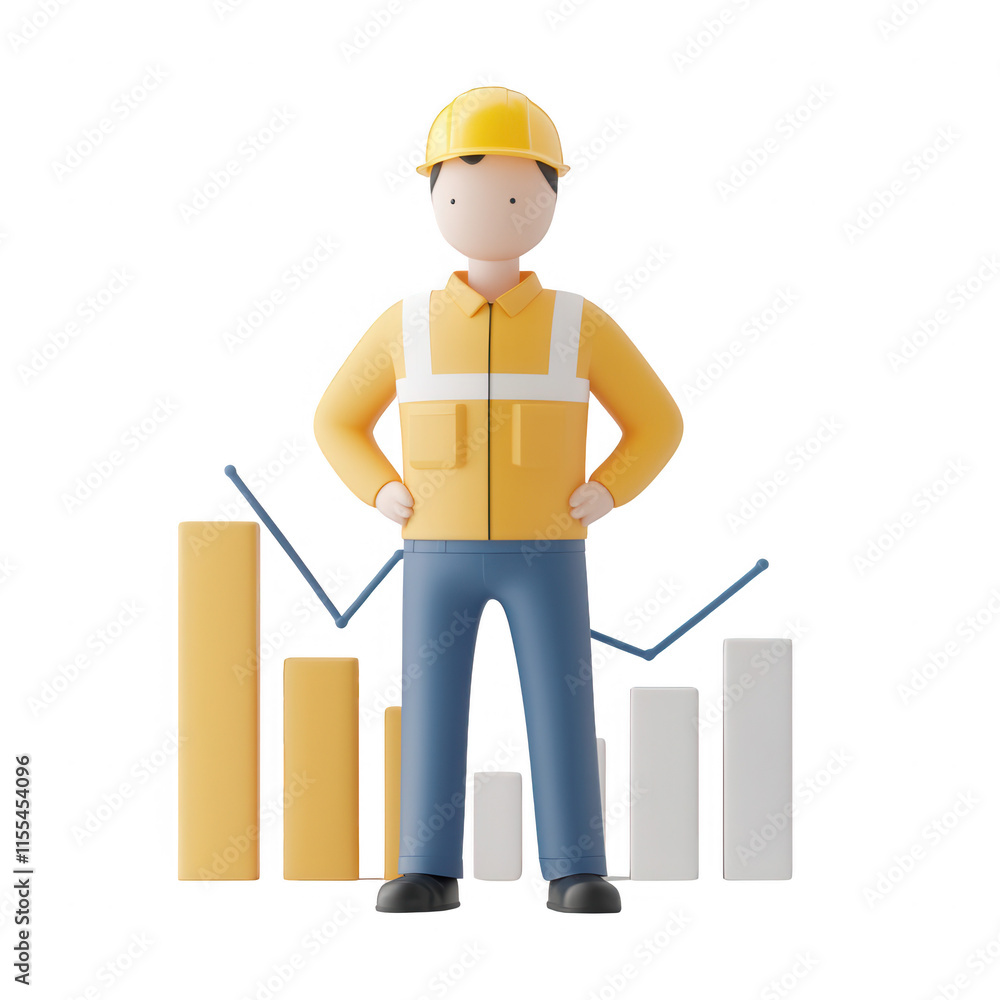 3D illustration of a worker with graphs representing growth and progress in industry., isolated on a transparent background. 3D illustration of a worker with graphs representing growth and progress in industry., isolated on a transparent background.