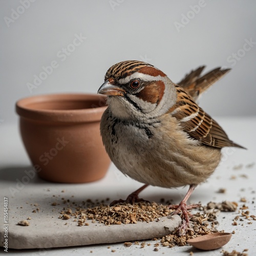 A sparrow sitting near a small clay pot against a white background. photo