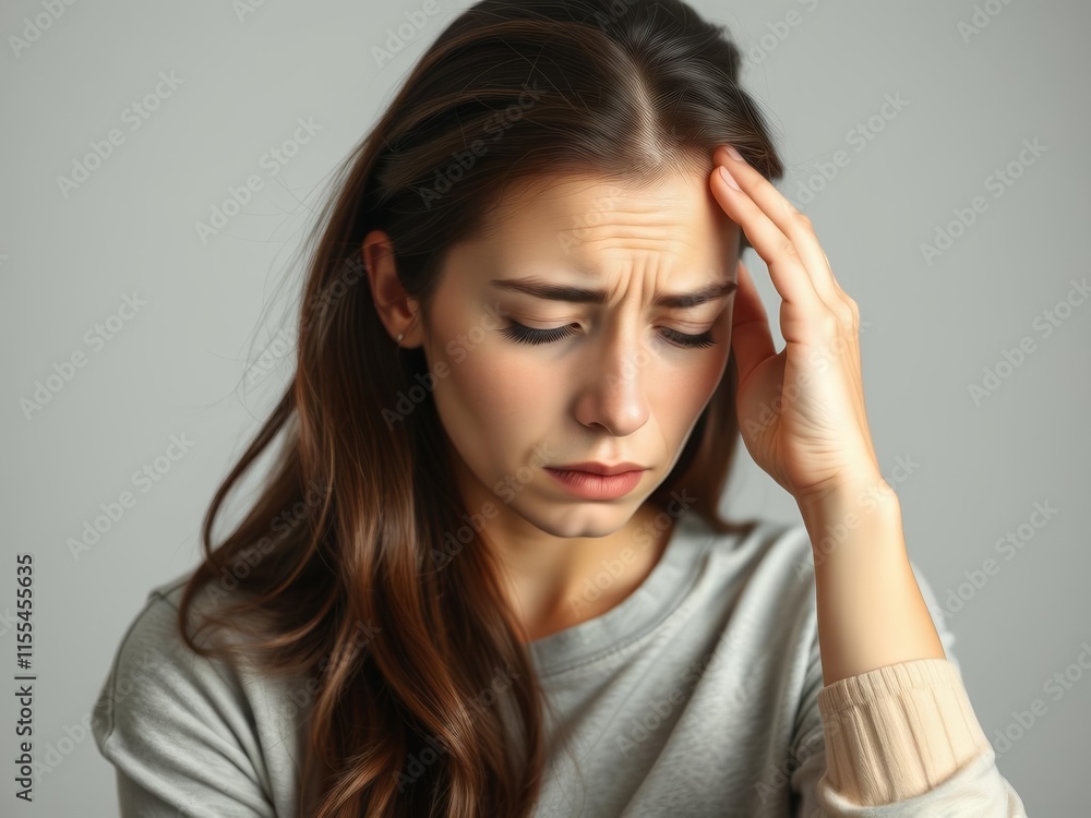 A woman with her hand on her forehead, looking sad A woman with her hand on her forehead, looking sad