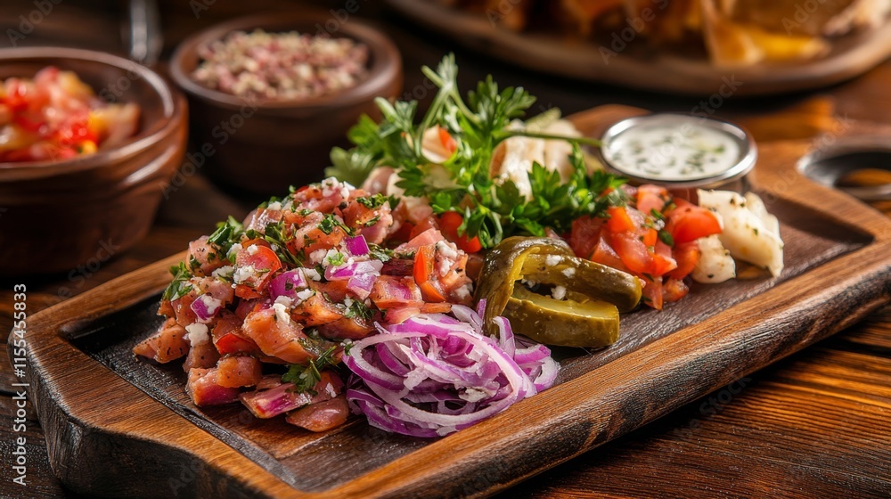 Fototapeta premium Aromatic Wooden Board with Exquisite Appetizers