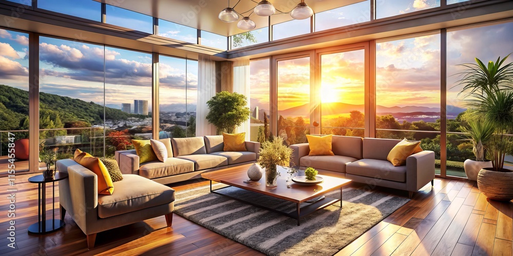Cozy Living Room Terrace Bird's Eye View: Soft Sofas, Glass Doors, Scenic Outlook Cozy Living Room Terrace Bird's Eye View: Soft Sofas, Glass Doors, Scenic Outlook