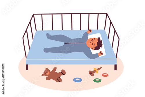Vector illustration of sleeping baby in crib, toys, teddy bear and ring stacker lying on the floor. Baby boy character in cartoon style, flat design, ideal for themes of childhood, sleep, parenting