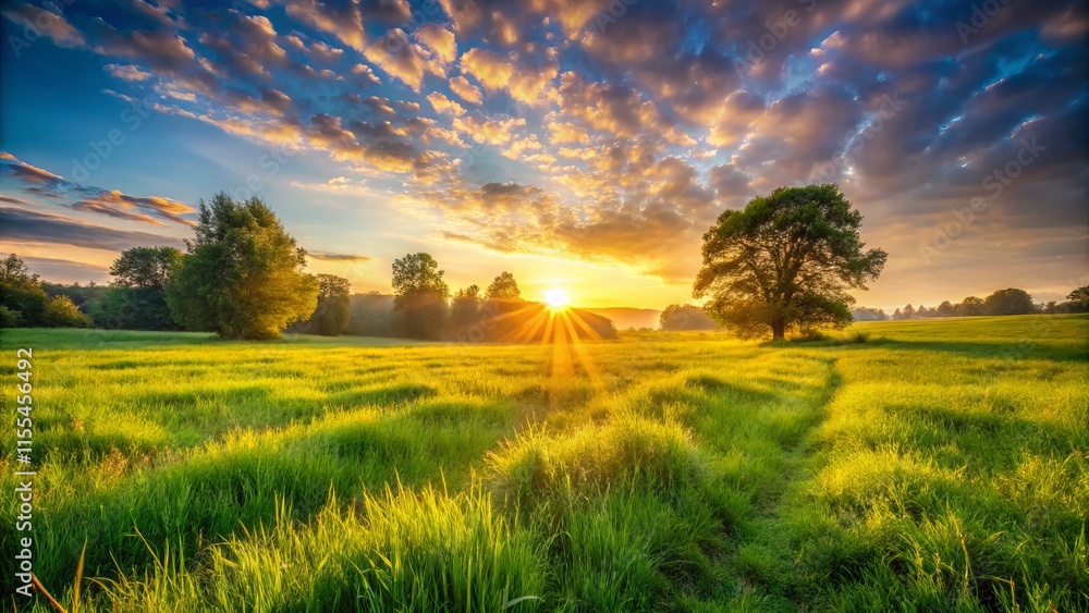 Obraz premium Dawn's Embrace: Serene Wide-Angle Meadow Sunrise