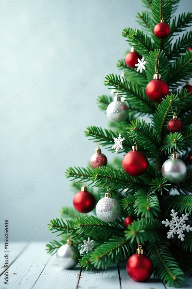 Fototapeta premium Christmas tree branches adorned with ornaments and birdhouse, Evergreen, Birdhouse, Snowflakes