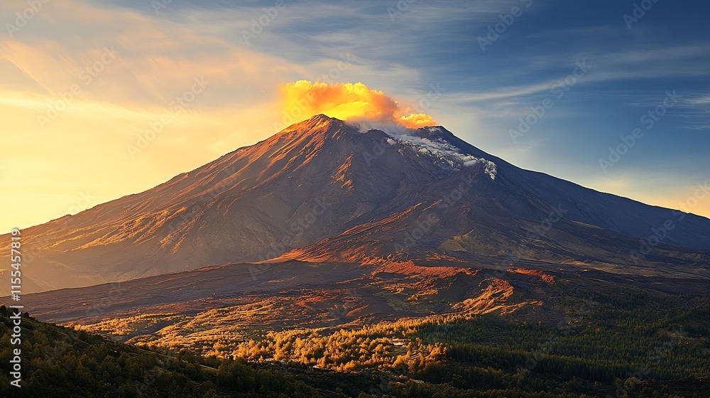 Fototapeta premium Picturesque Volcanic Landscape with Glowing Lava and Scenic Sunset : Generative AI