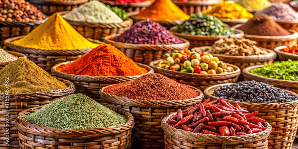Fototapeta premium Farmers Market Spice Basket Variety: Close-Up Images of Aromatic Herb & Spice Gift Sets