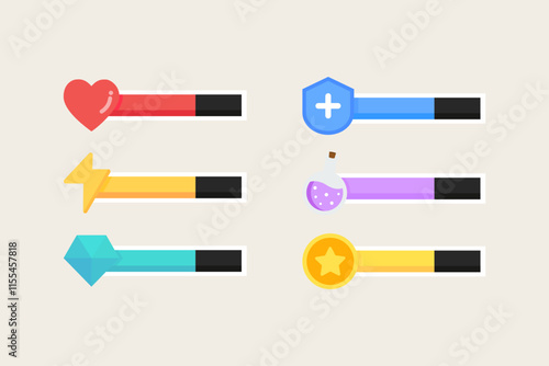 Video game bar template set. Heart, energy, diamond, shield, potion, coin half level indicator. Gaming, interface, menu concepts. Flat decorative vector design isolated illustration.