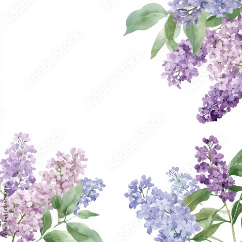 Elegant lilac blossoms border on white background with green leaves