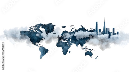 Wallpaper Mural Watercolor World Map with City Skyline and Cloud Effect Torontodigital.ca